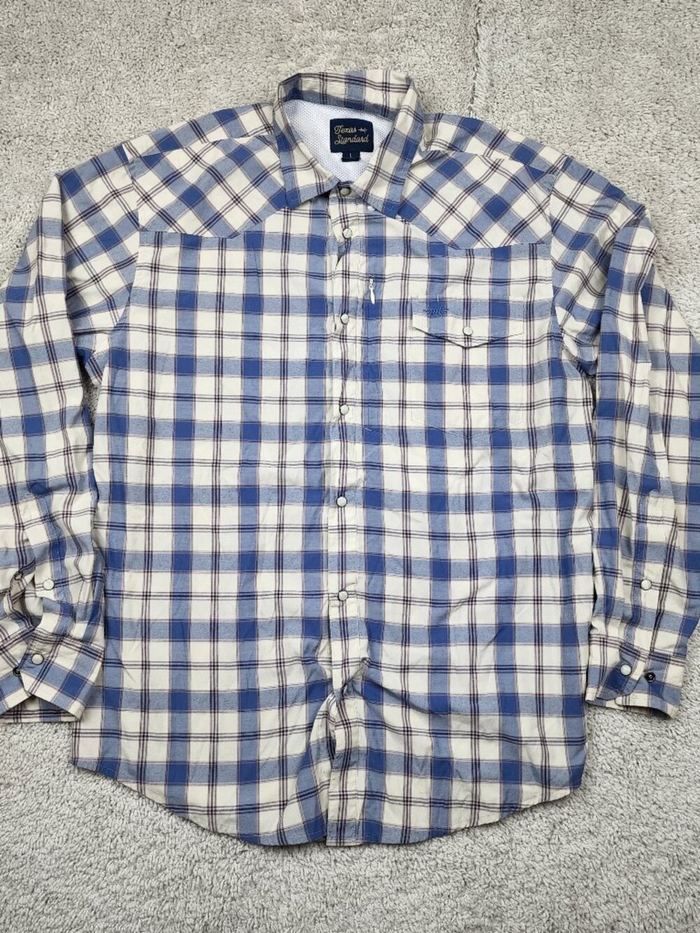 Texas Standard Button Down Shirt Mens Large Blue Cream Plaid Checkered USA Golf